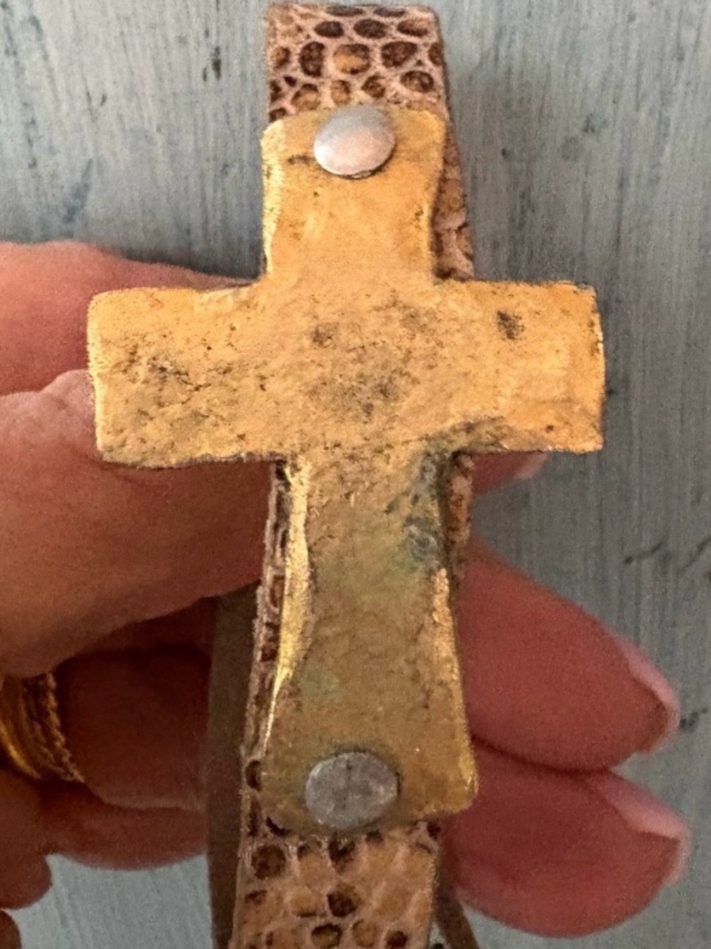 Gold Rugged Artisan Cross on Snake Skin Leather Bracelet